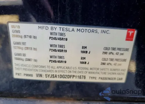2013 Tesla Model S z USA, uszkodzony, nr VIN 5YJSA1DG2DFP11676